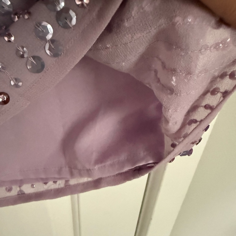 Mac Duggal Purple Sequined Illusion Puff Sleeve V Neck Midi Dress Size 12 NWT - Picture 7 of 10